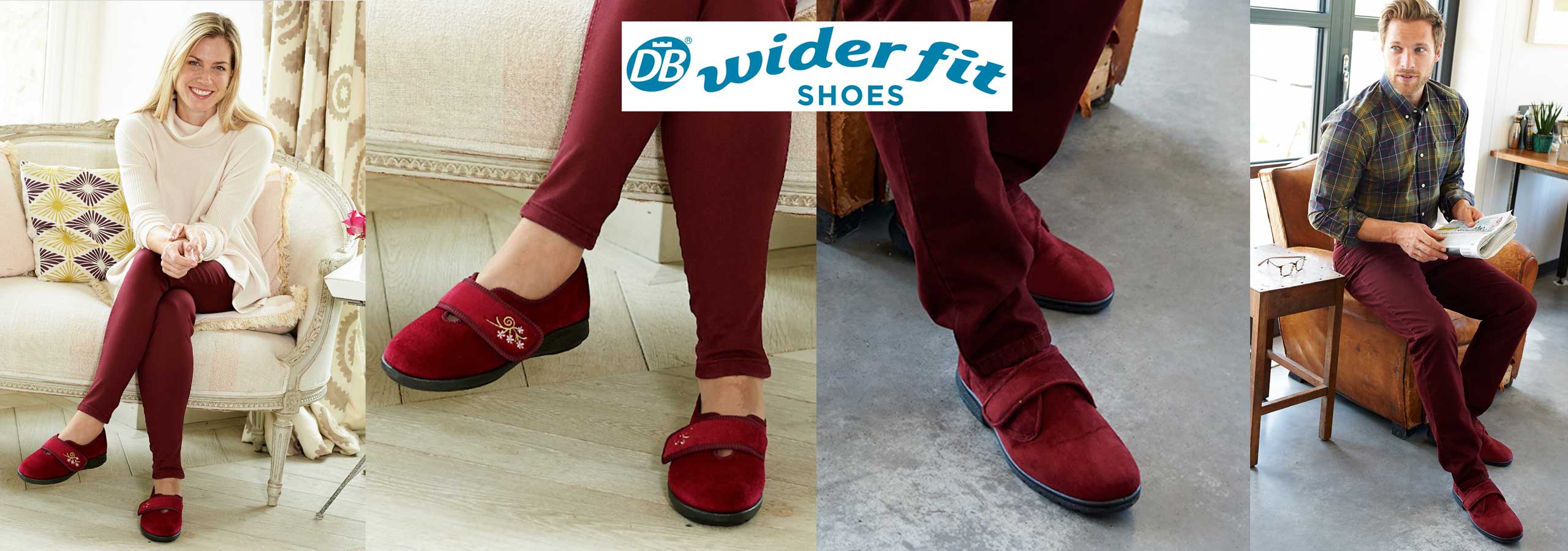 Collage of people wearing red shoes with 'wider fit' branding, sitting on a couch and standing indoors.