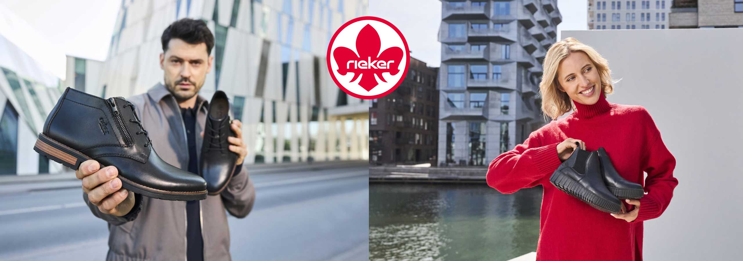 Two people holding shoes with a Rieker logo in the background