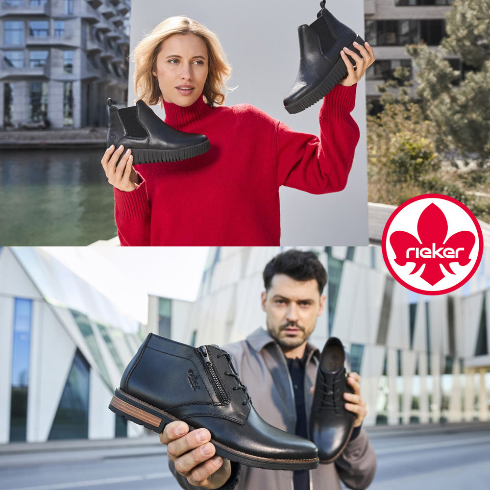 Two people holding black boots with a Rieker logo in the corner.