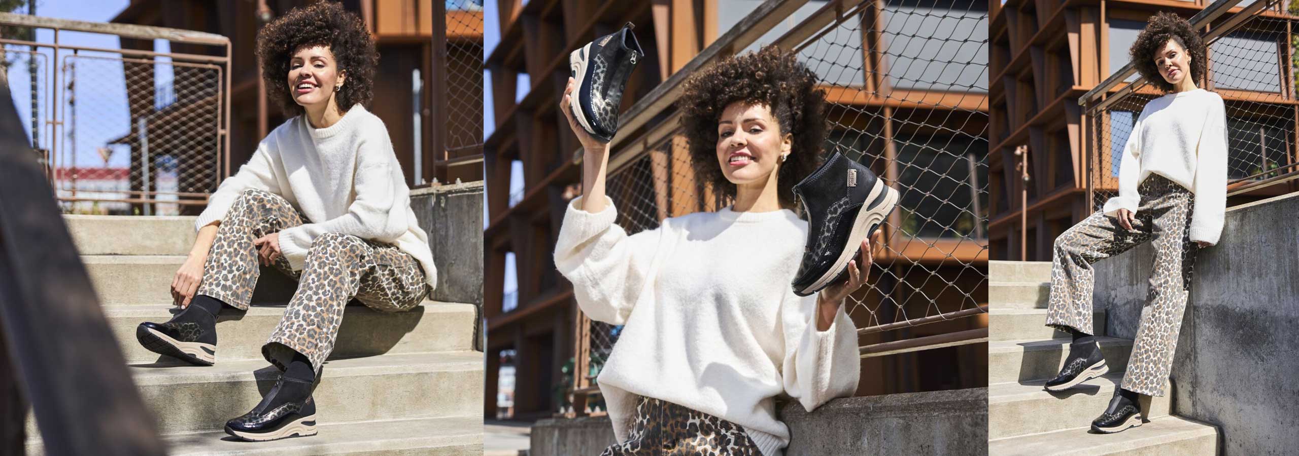 Woman sitting on steps wearing stylish shoes in three different poses.