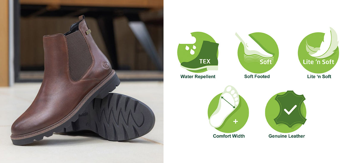 Brown Chelsea boots with green certification icons on a white background