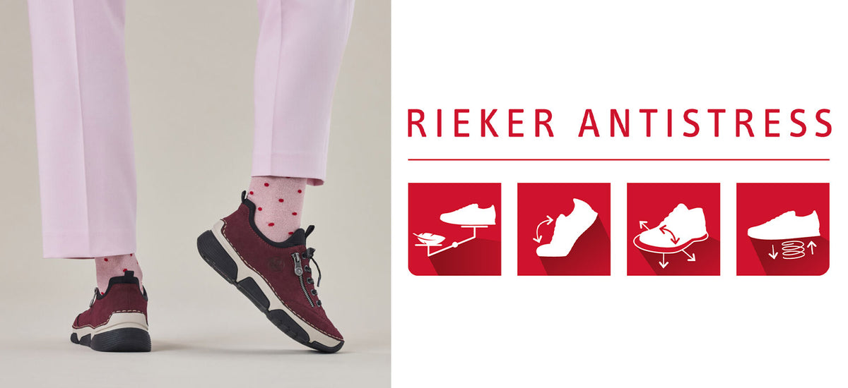 Person wearing maroon sneakers with text 'RIEKER ANTSISTRESS' and icons on a light background