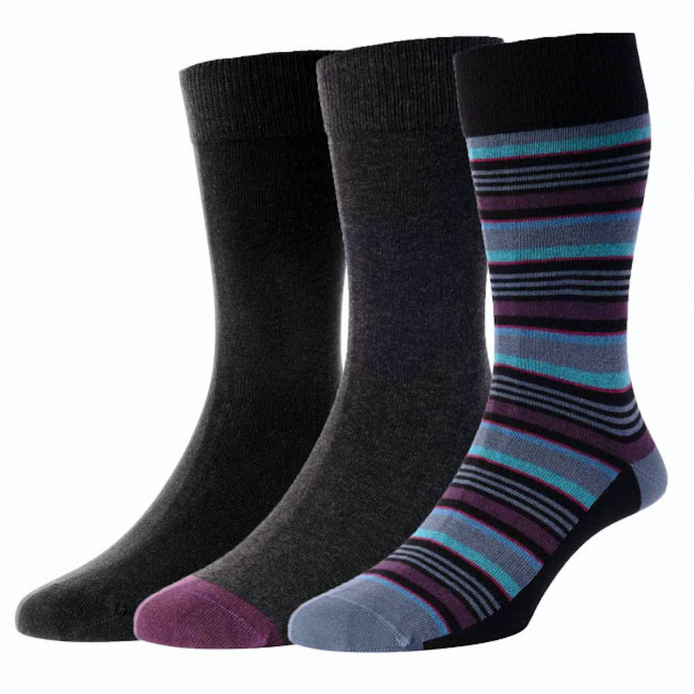 HJ Hall HJ326 Stripe/Plain 3PP Black Mix Socks,6-11