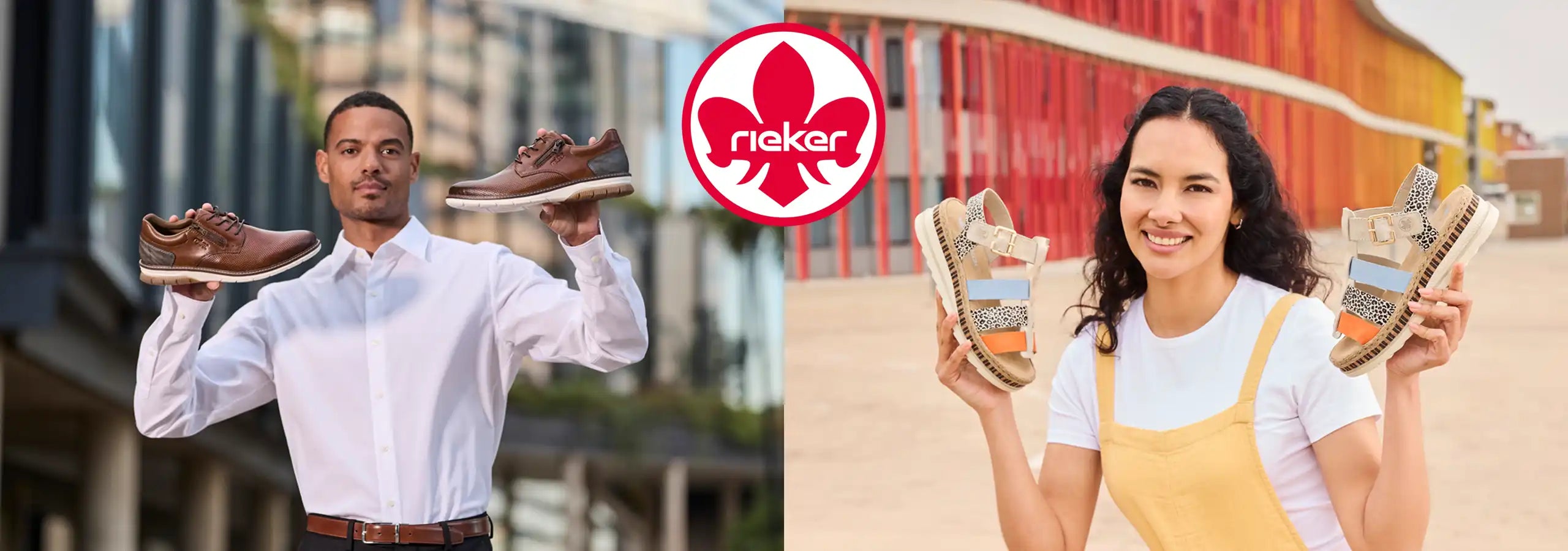 Two people holding shoes with a Nekas logo in the center.