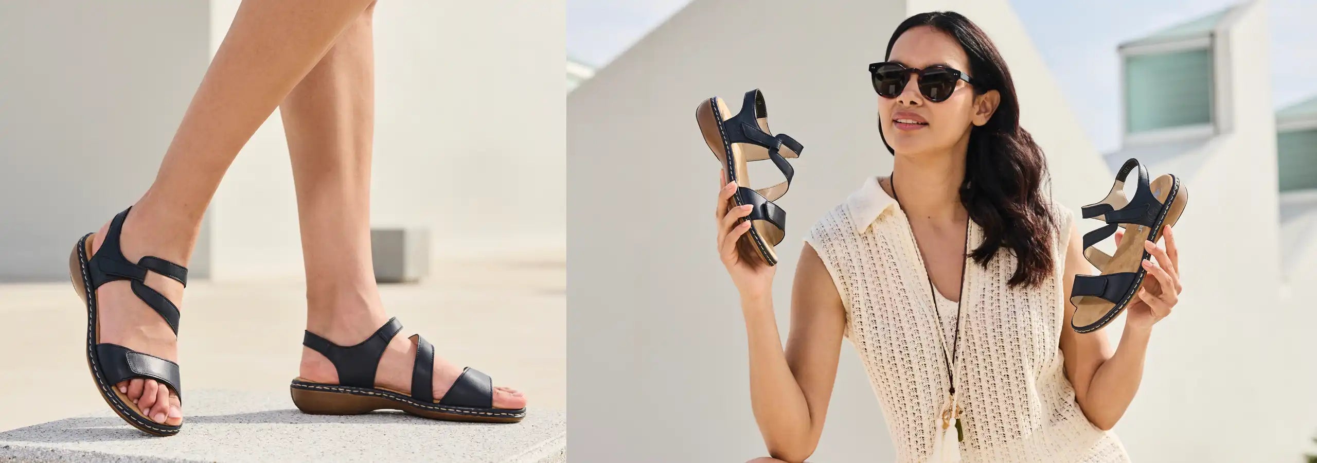 Woman holding a sandal with a neutral background